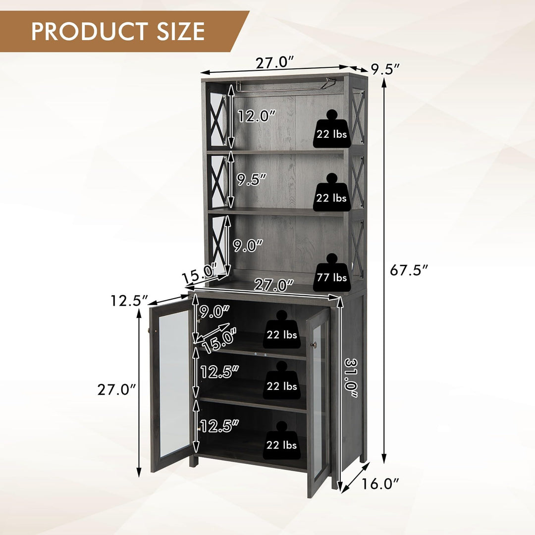 Tall Bar Cabinet Kitchen Buffet W/Glass Holder Adjustable Shelf Grey MDF - Diamond Home USA