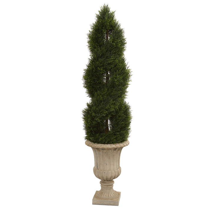 Nearly Natural 5ft. Double Pond Cypress Artificial Spiral Topiary Tree in Urn UV