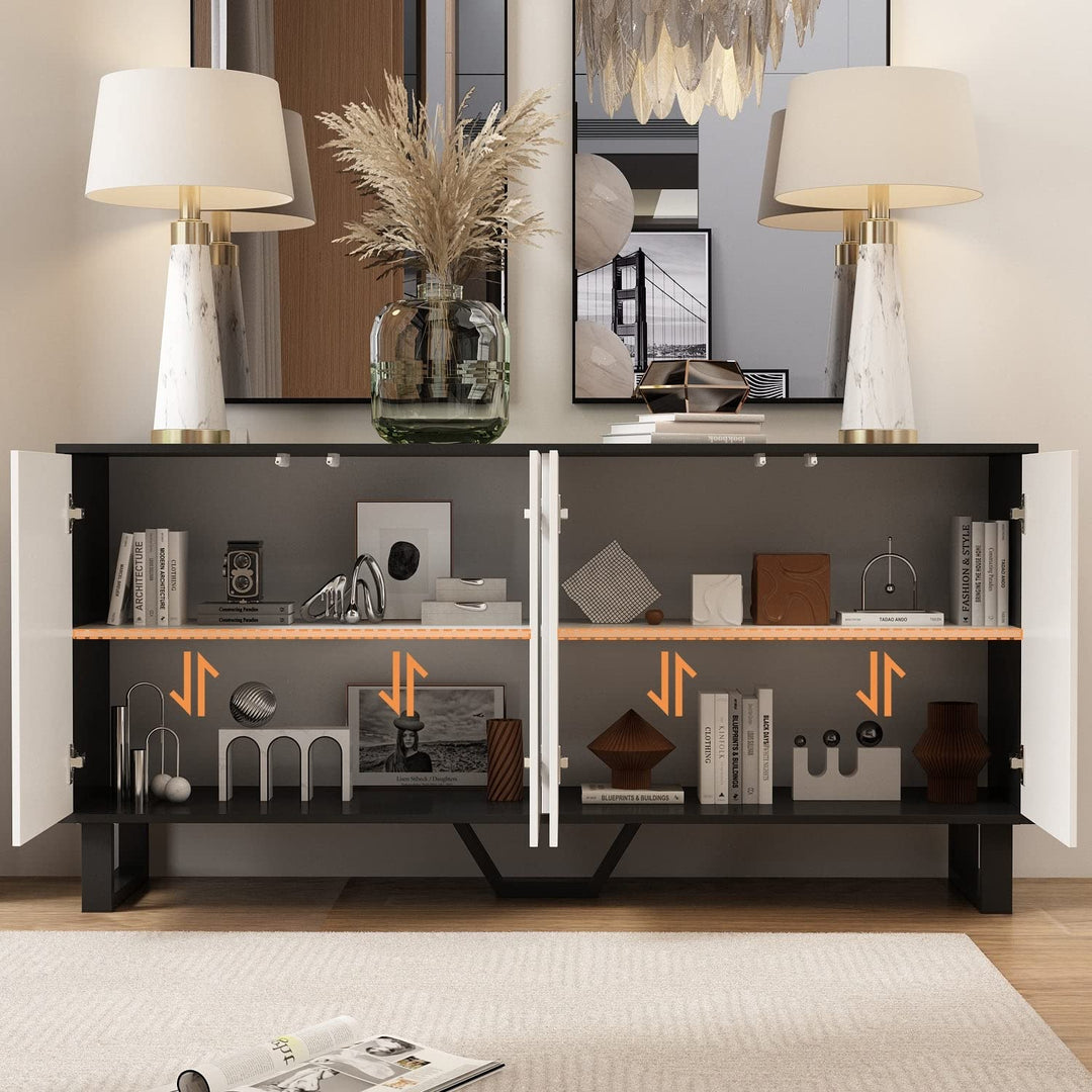 Modern 4 Door Bookmatch Buffet 63inch Black White End Table Sideboard French - Diamond Home USA