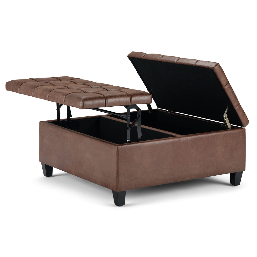 SIMPLIHOME Harrison 36 Inch Wide Square Coffee Table Lift Top Storage Ottoman in 36"w x 36"d x 16.5 "h - Distressed Umber Brown