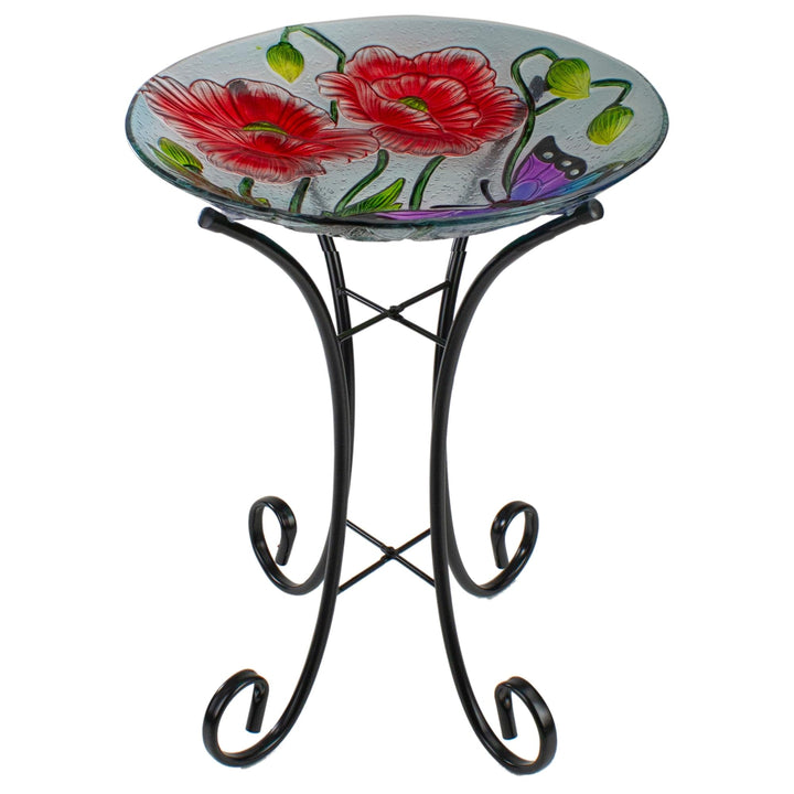 21" Butterfly and Carnations Hand Painted Glass Outdoor Birdbath Purple