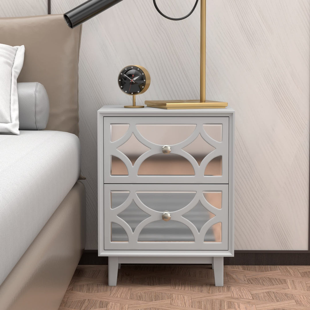 Contemporary Mirror Front 2-Drawer Nightstand Light Grey Modern MDF Plated