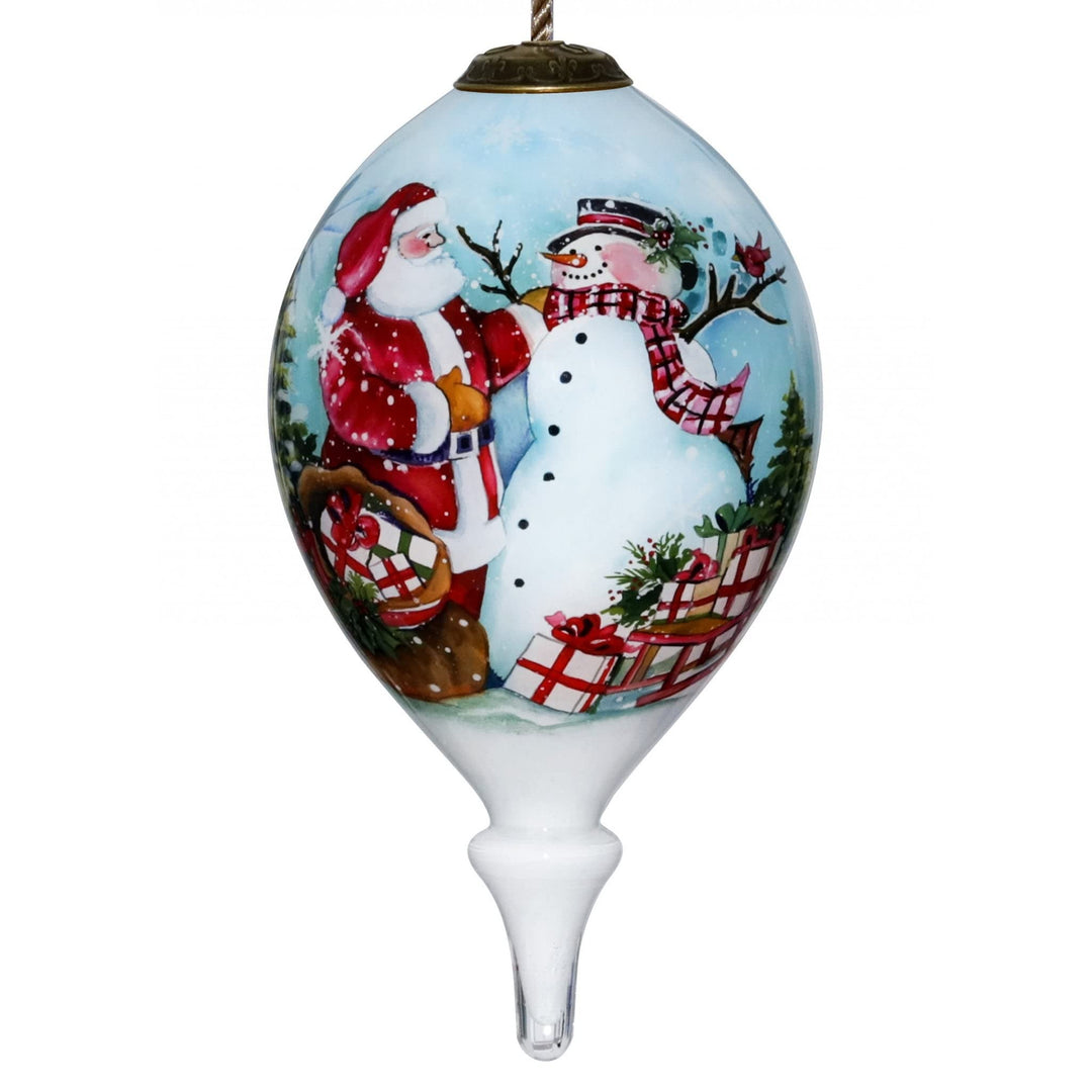 Christmas Santa and Snowman Hand Painted Mouth Blown Glass Ornament 4.75" X 2.5"