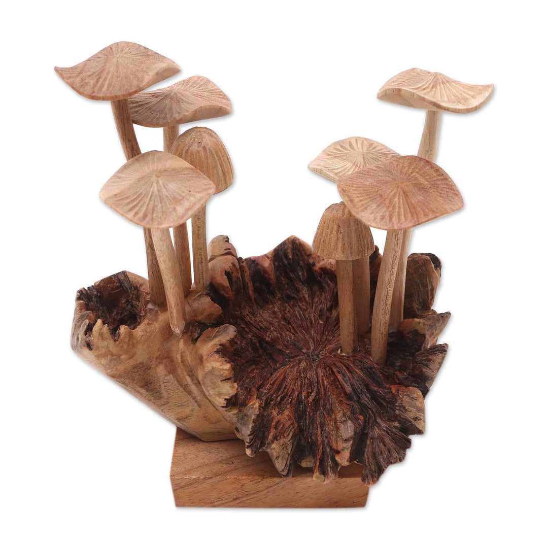 Handmade Mushroom Season Wood Sculpture Brown Antique