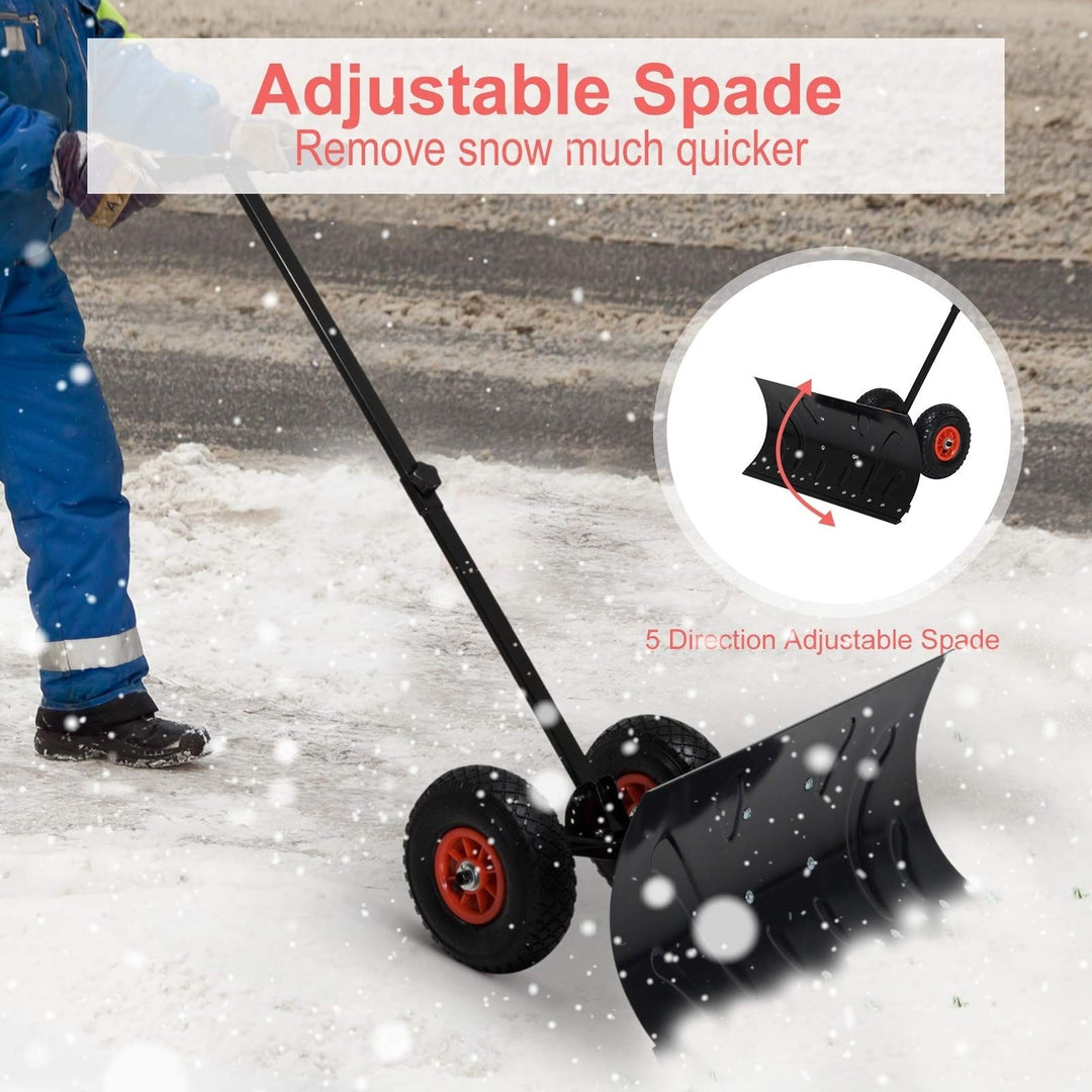 Heavy Duty Steel Adjustable Rolling Snow Shovel Pusher Black Metal Rubber - Diamond Home USA