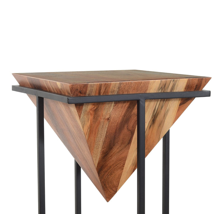 30 ch Pyramid Shape Wooden Side Table with Cross Metal Base Brown and Black - Diamond Home USA
