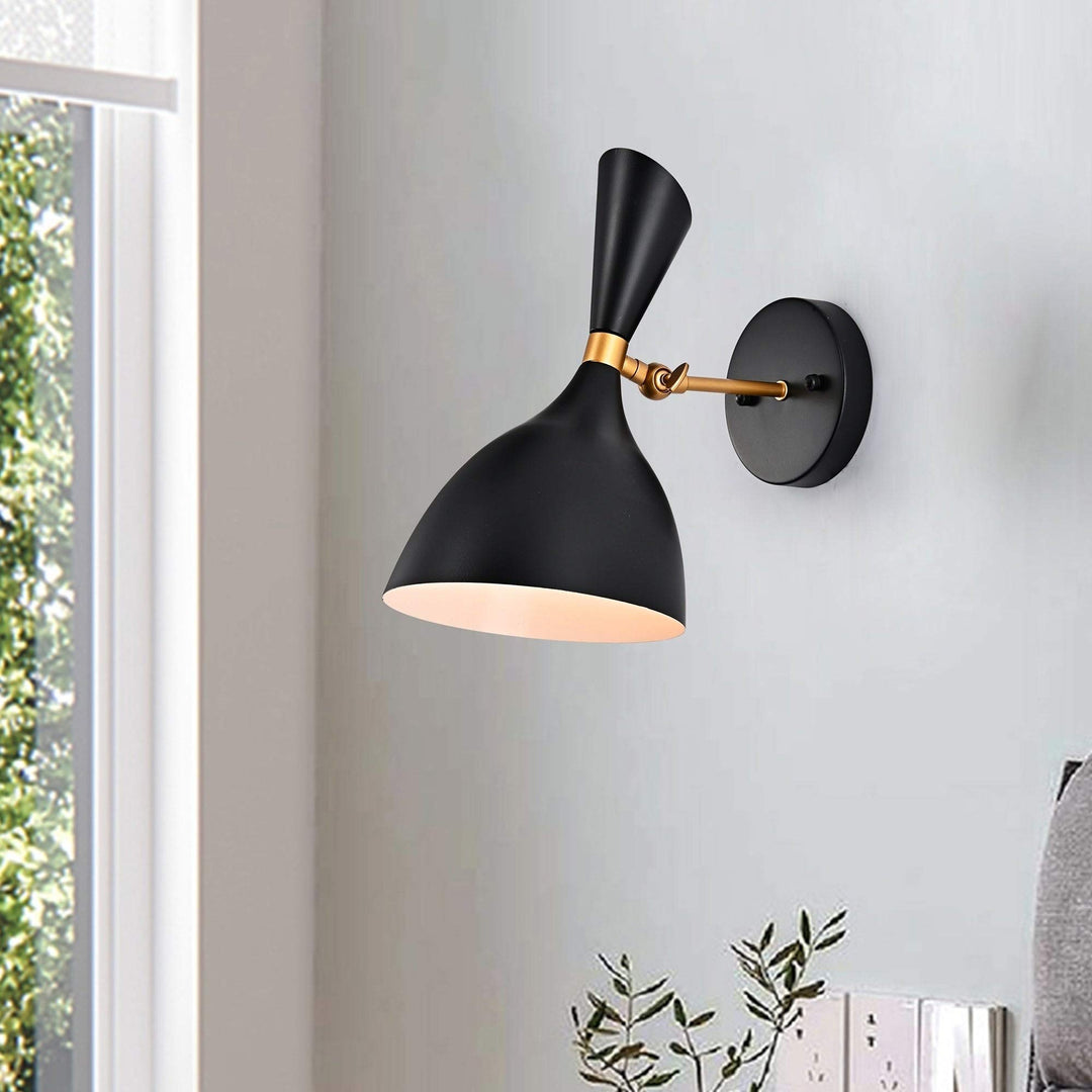 Matte Black Gold 1-Light Wall Sconce with Metal Cone Shade Modern Contemporary