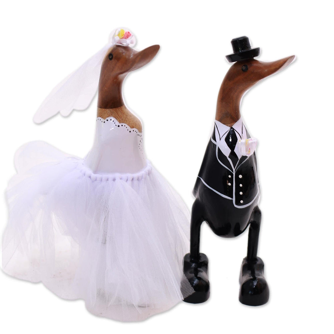 Bamboo Root and Wood Sculptures 'Duck Wedding' (Pair) Brown Wood Antique