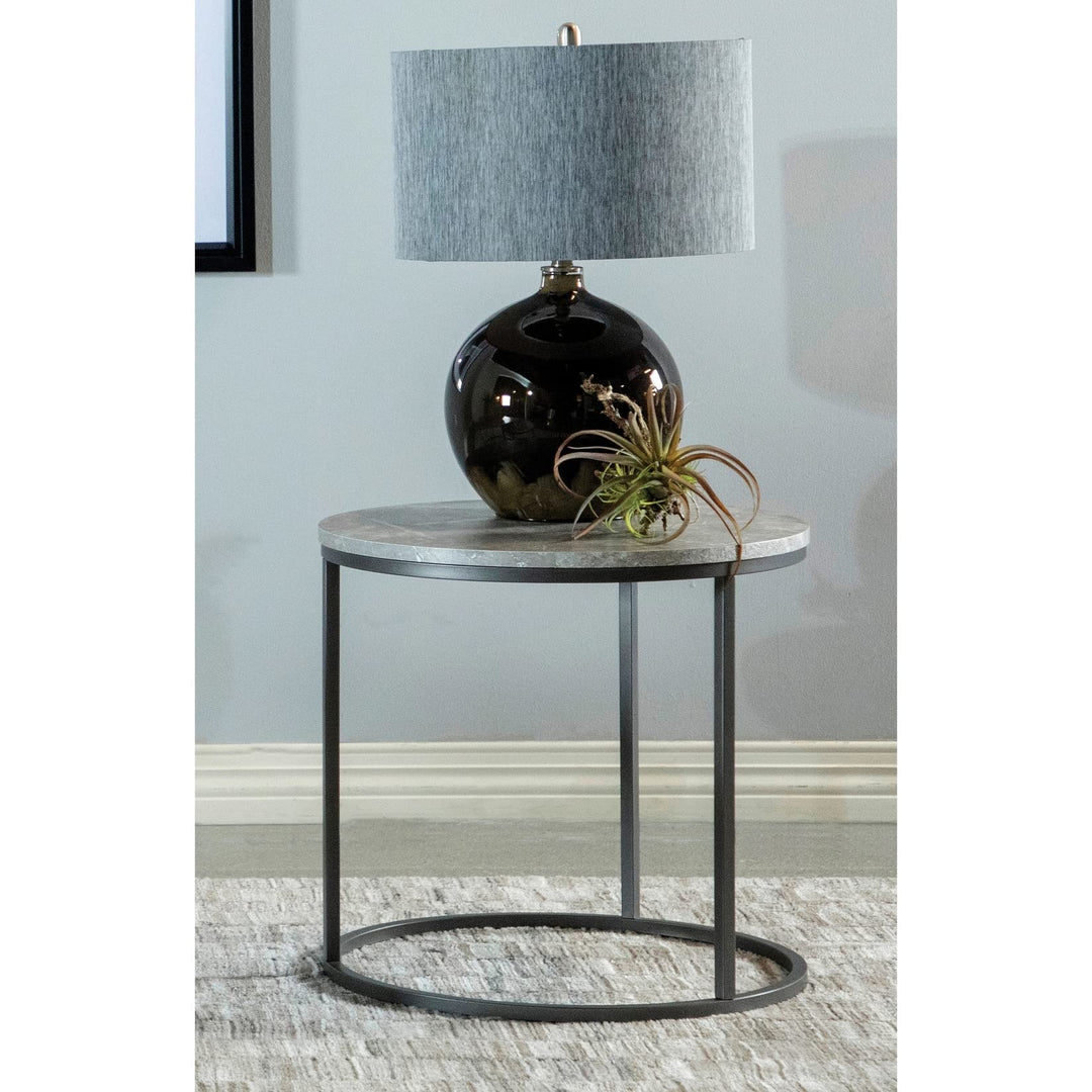 Grey Marble and Gunmetal Round End Table Rustic Metal Wood Powder Coated
