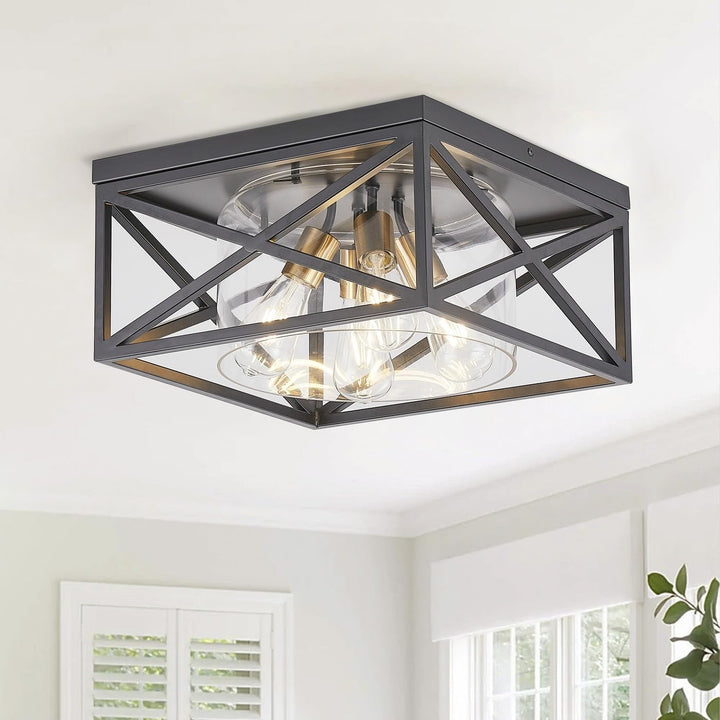 Industrial Rectangle Flush Mount Ceiling Light Fixture with Glass Shade Black - Diamond Home USA