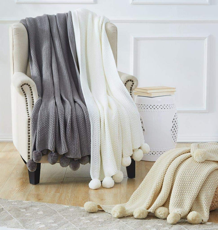 Modern Threads Knitted Bed Sofa Throw with Pom Poms Gray - 50" x 60" Stone - Diamond Home USA