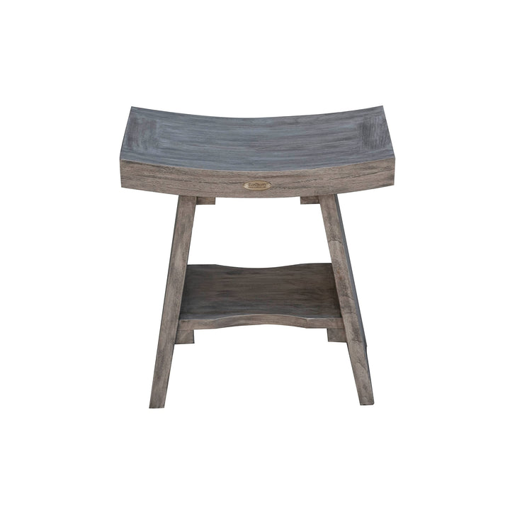 18" Gray Serenity Solid Teak Shower Bench Stool with Storage Shelf in New Finish