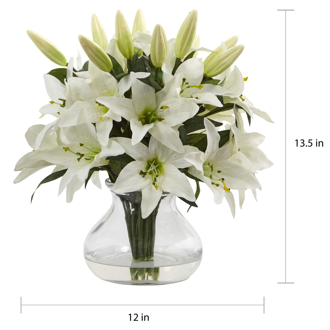 White Faux Lily Arrangement with Clear Glass Vase - Diamond Home USA