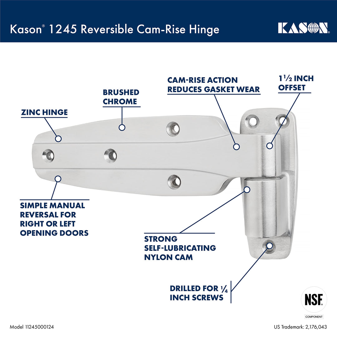 Kason 1245 Reversible Cam-Rise Hinge 1-1/2 Inch Offset Brushed Chrome Finish