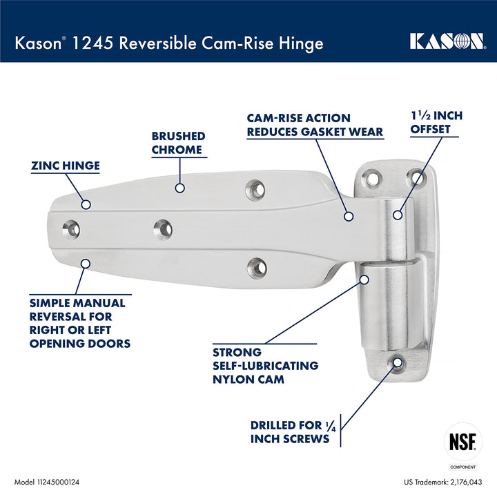 Kason 1245 Reversible Cam-Rise Hinge 1-1/2 Inch Offset Brushed Chrome Finish