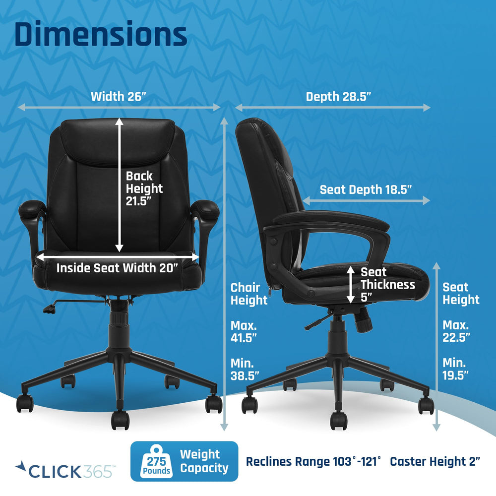 Click365 365 Transform 1.0 Extra Comfort Ergonomic Mid Back Desk Chair with Black Bonded Leather. - Diamond Home USA