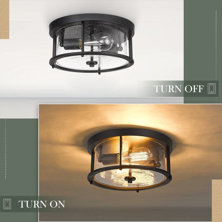 2 Light Flush Mount Ceiling Matte Black Finish with Seeded Glass Modern - Diamond Home USA