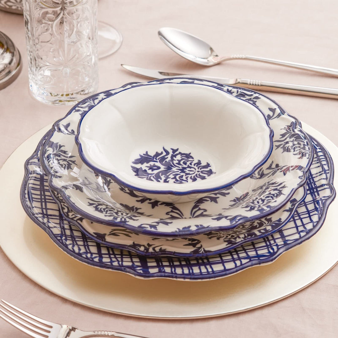 Blue Damask Porcelain Dinnerware Set Of 24 For 6 Textured Oriental Round Piece