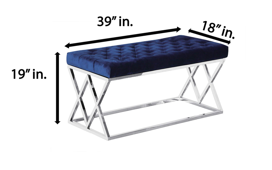 Best Master Furniture Emilio Velour Tufted Bench with Stainless Steel Frame Blue - Diamond Home USA