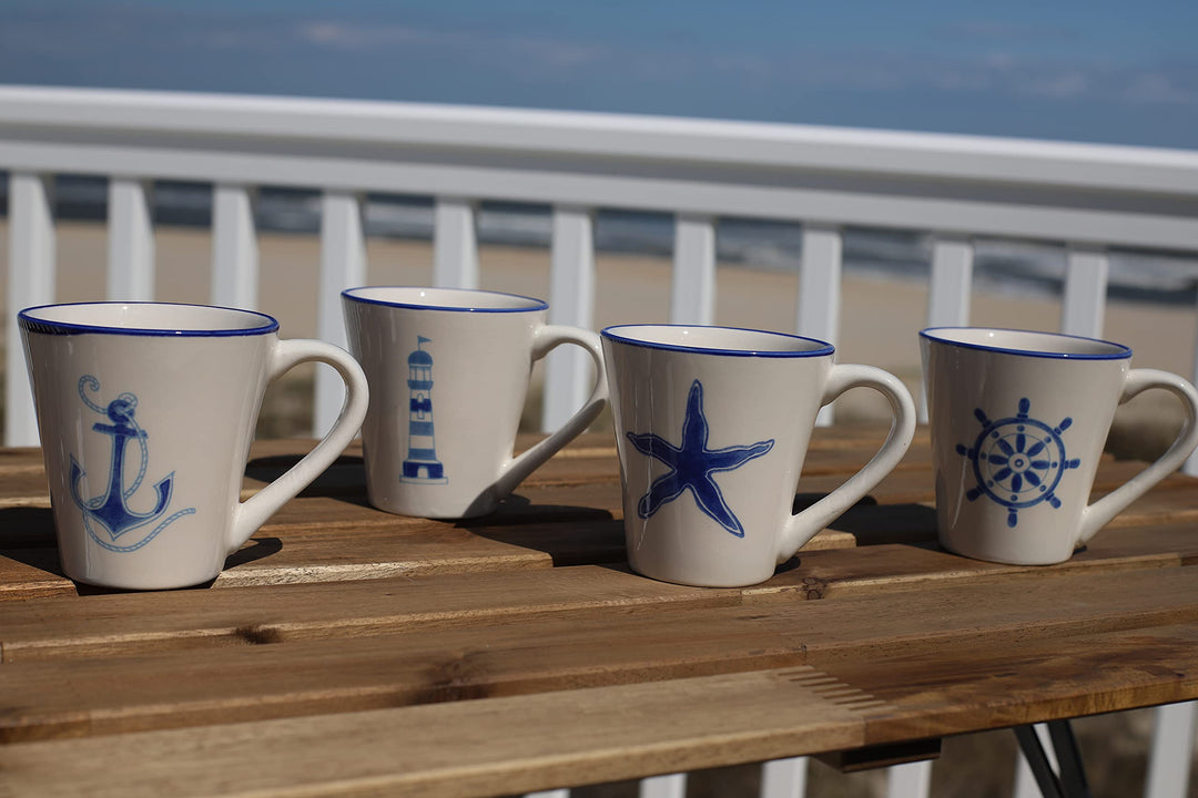 Euro Ceramica hoy Collection Nautical Ceramic Coffee/Tea Mugs 13.5oz Set of 4 - Diamond Home USA