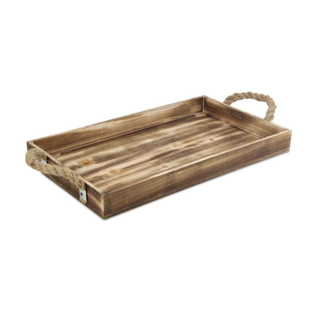 Brown Wood Rectangular Tray with Rope Side Handles White Farmhouse Finish