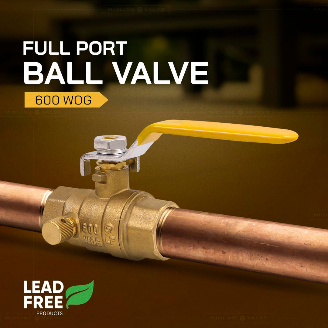 Midline Valve 627T223-NL Premium ull Port Ball Valve with Drain Brass x 1 in. - Diamond Home USA