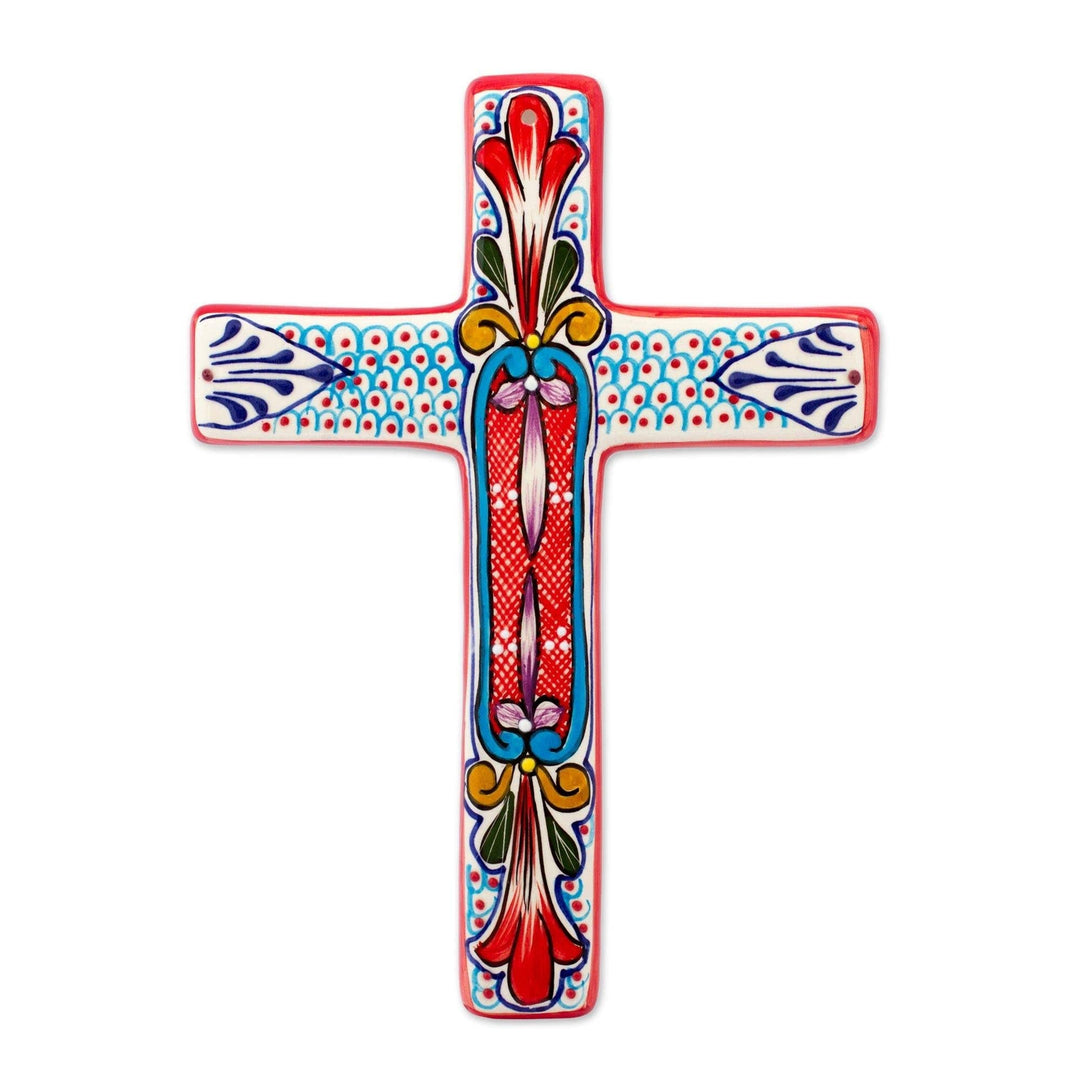 Ceramic Wall Cross 'Red Lily' Multi Color Modern Contemporary Antique Handmade