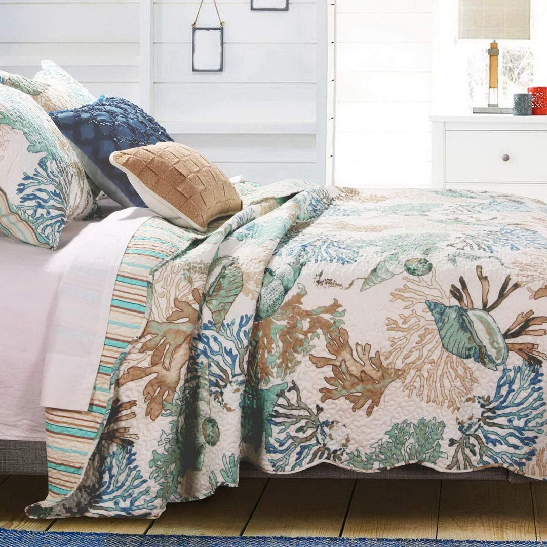 Beach Theme Ocean Coastal Quilt King/Cal King Bedding Set - Nautical Seashell - Diamond Home USA