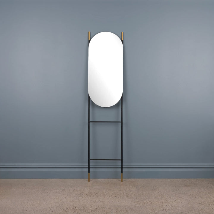 Modern Leaning Ladder Oval Mirror Black Contemporary Frameless