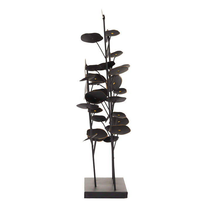 Large Black Metal Abstract Floral Sculpture W Gold Foil Detail Trim 14 X 6 21 - Diamond Home USA