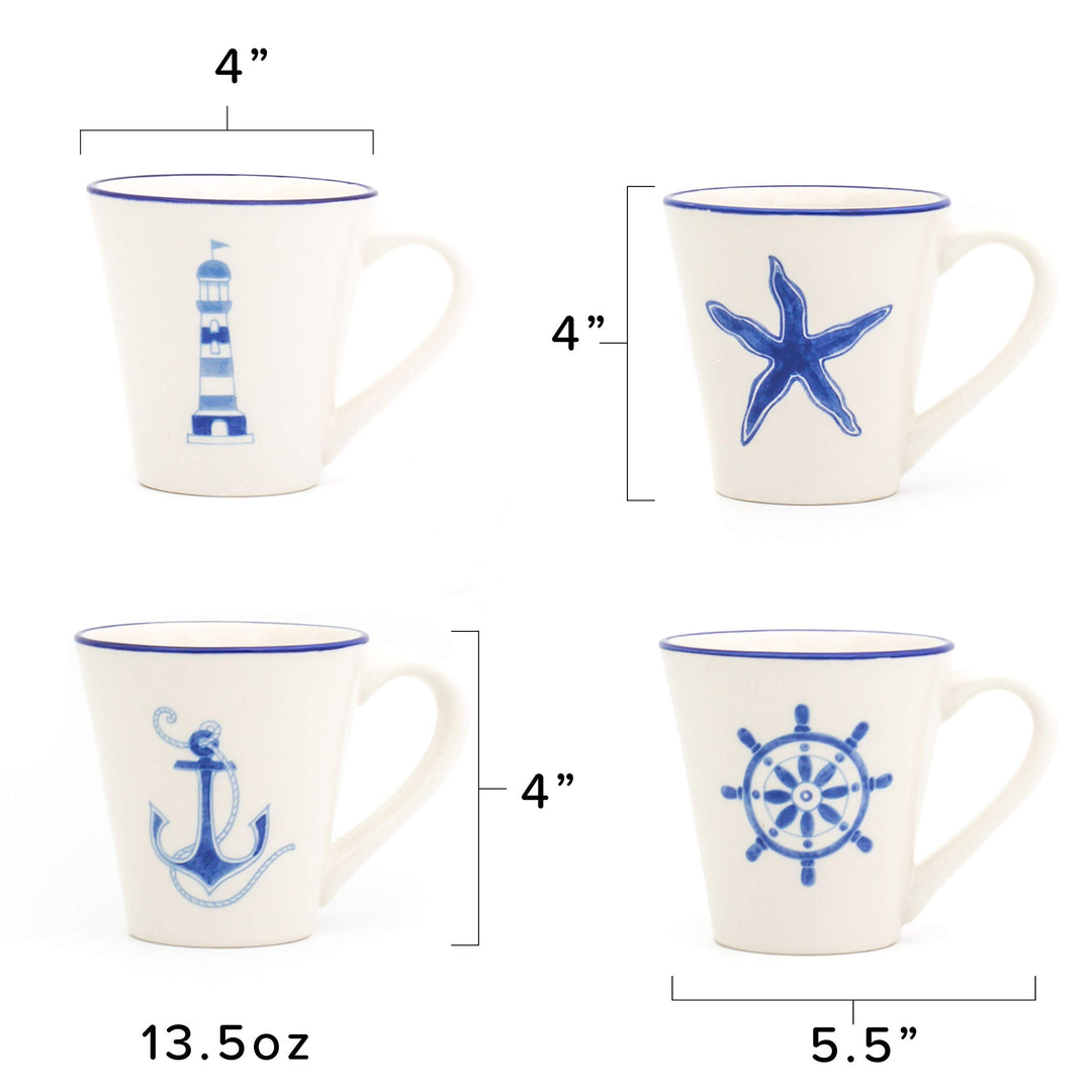 Euro Ceramica hoy Collection Nautical Ceramic Coffee/Tea Mugs 13.5oz Set of 4 - Diamond Home USA