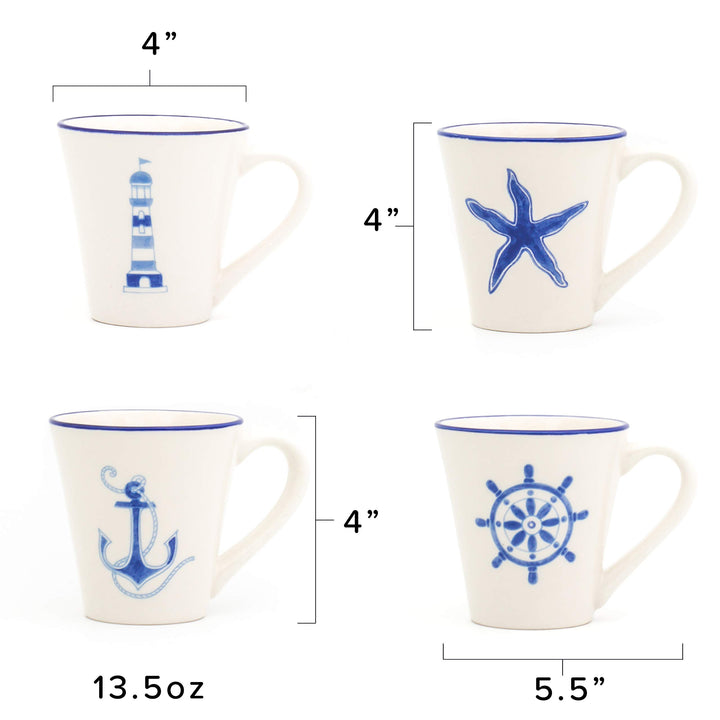Euro Ceramica hoy Collection Nautical Ceramic Coffee/Tea Mugs 13.5oz Set of 4 - Diamond Home USA