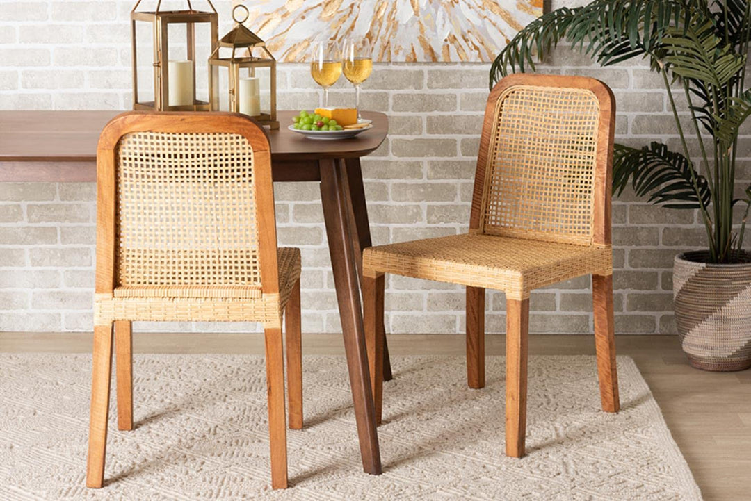 Baxton Studio Caspia Modern Brown Wood and Rattan 2-Piece Dining Chair Set - Diamond Home USA