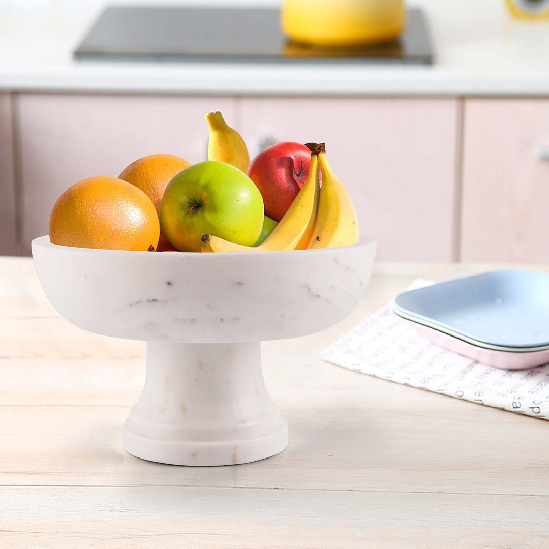 Gala Natural Marble Pedestal Bowl Off/White Solid Casual Round Stoneware 1 Piece - Diamond Home USA