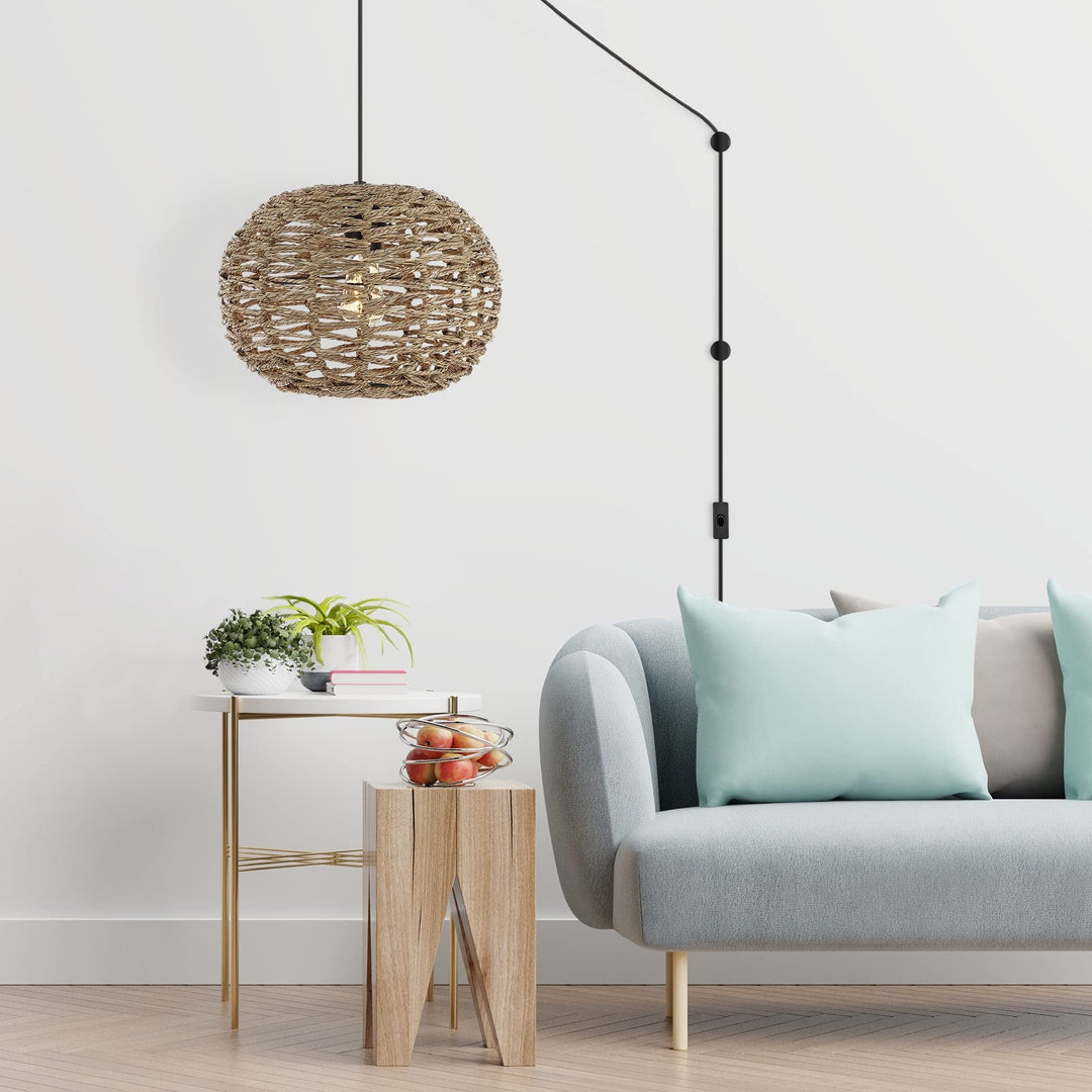 14" 1-Light Farmhouse Coastal Rattan Cord Plug-in Or Hardwired Led Brown 1 Light - Diamond Home USA