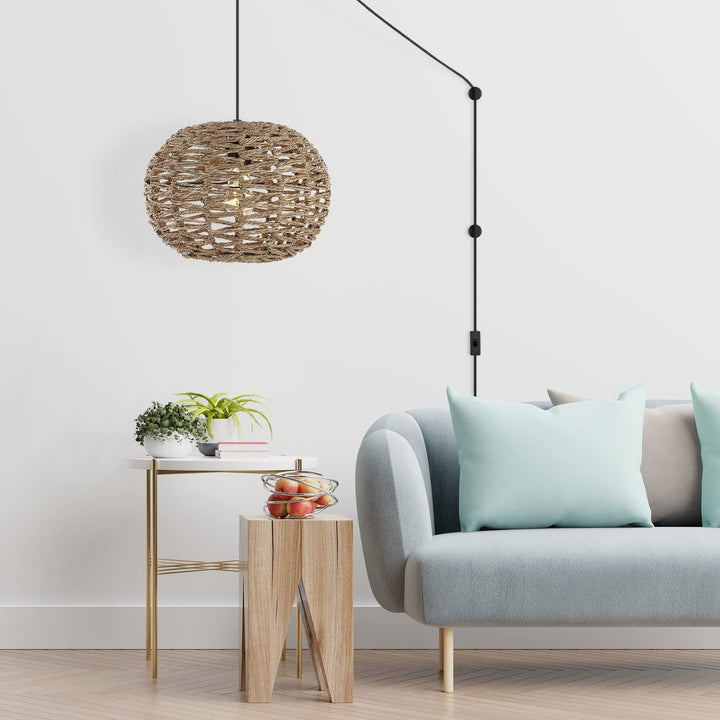 14" 1-Light Farmhouse Coastal Rattan Cord Plug-in Or Hardwired Led Brown 1 Light - Diamond Home USA