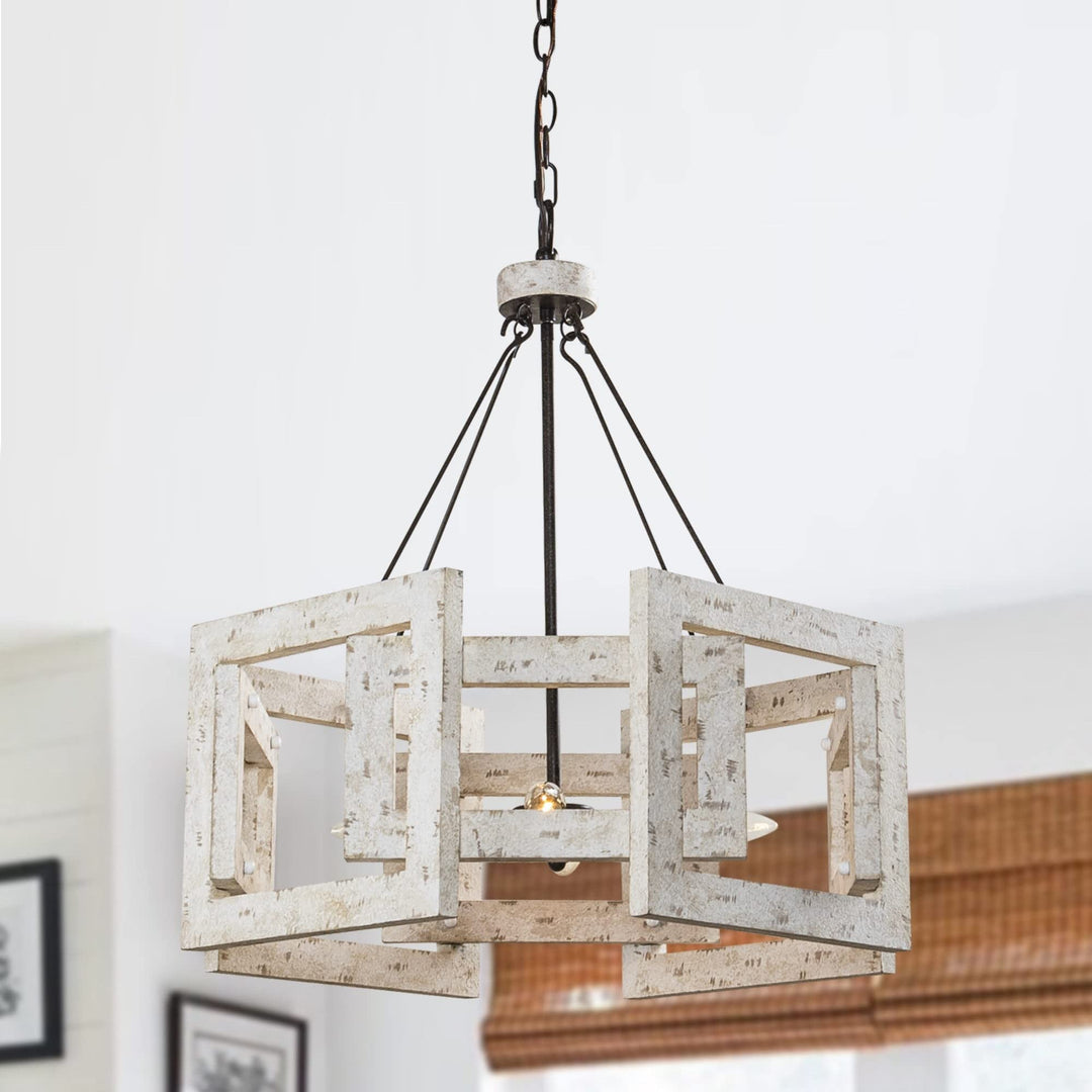Farmhouse 4-light Distressed White Wooden Drum Chandelier 23.6" X 24.8" Black