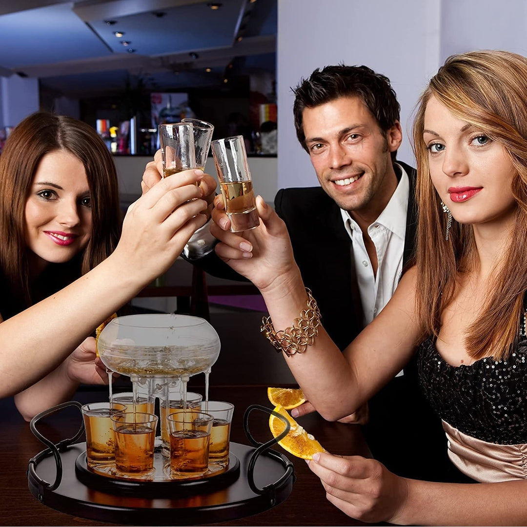 Shot Glass Dispenser with 6 Glasses Wood Tray Clear
