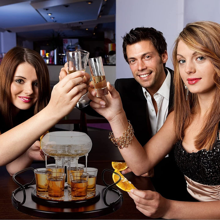 Shot Glass Dispenser with 6 Glasses Wood Tray Clear