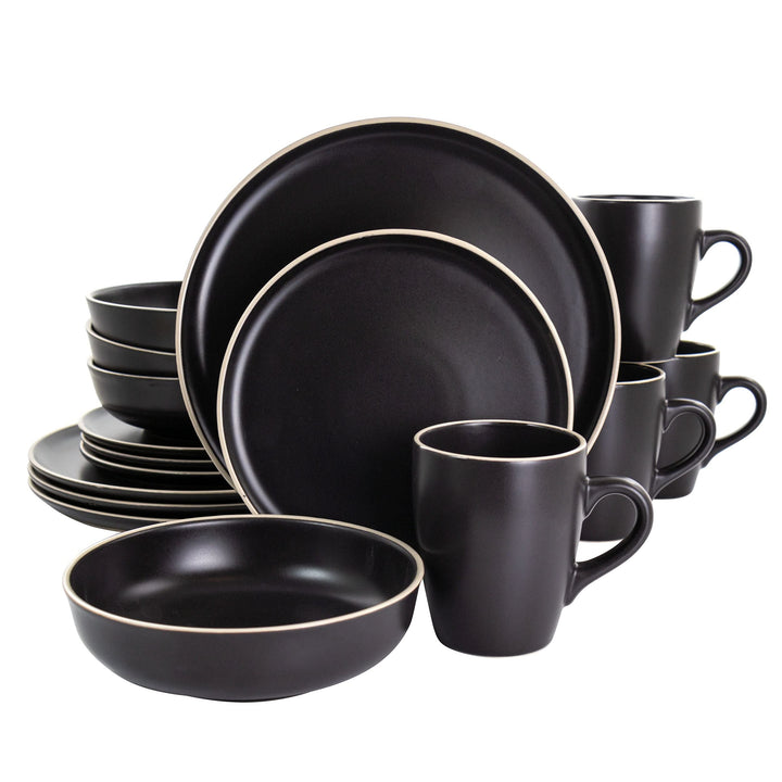 Serenade 16 Piece Round Stoneware Dinnerware Set In Black Solid Casual