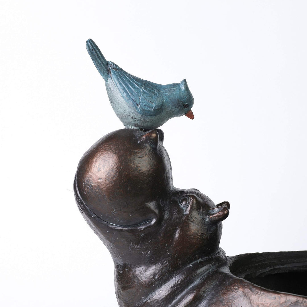 Brown Hippo Planter Wildlife Floral Decor Hippopotamus and Blue Bird Flower - Diamond Home USA