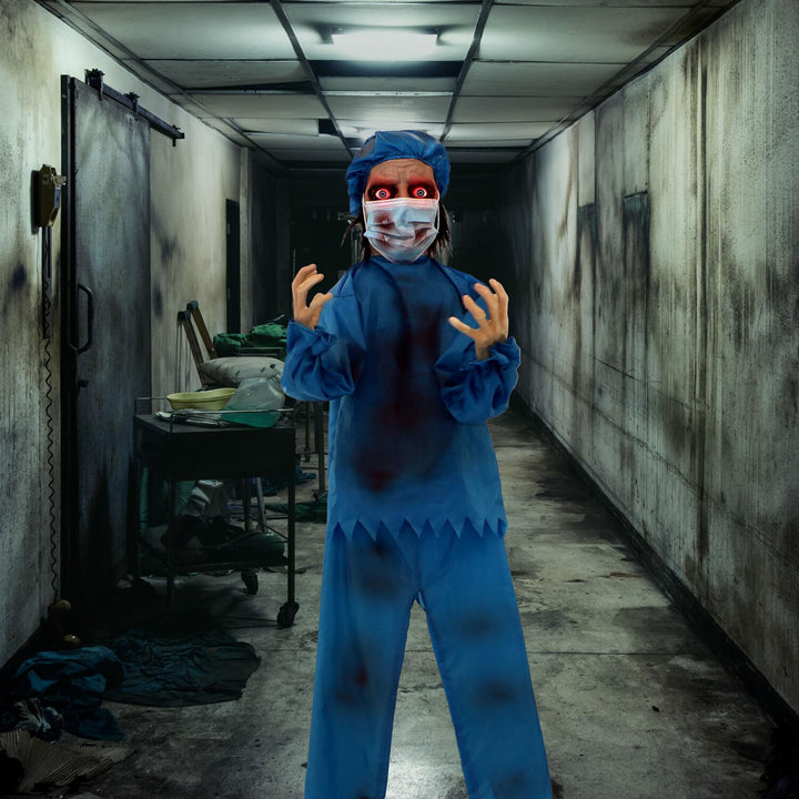 Haunted Hill Farm Life-Size Scary Doctor Halloween Animatronic with Touch - Diamond Home USA