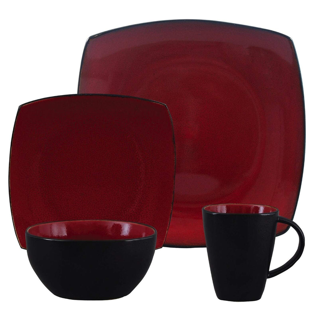 Modern 16 Piece Squared Dinnerware Set in Red Solid Casual Square Stoneware