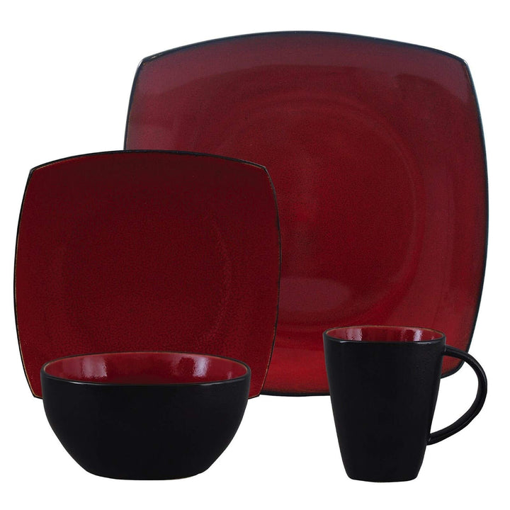 Modern 16 Piece Squared Dinnerware Set in Red Solid Casual Square Stoneware