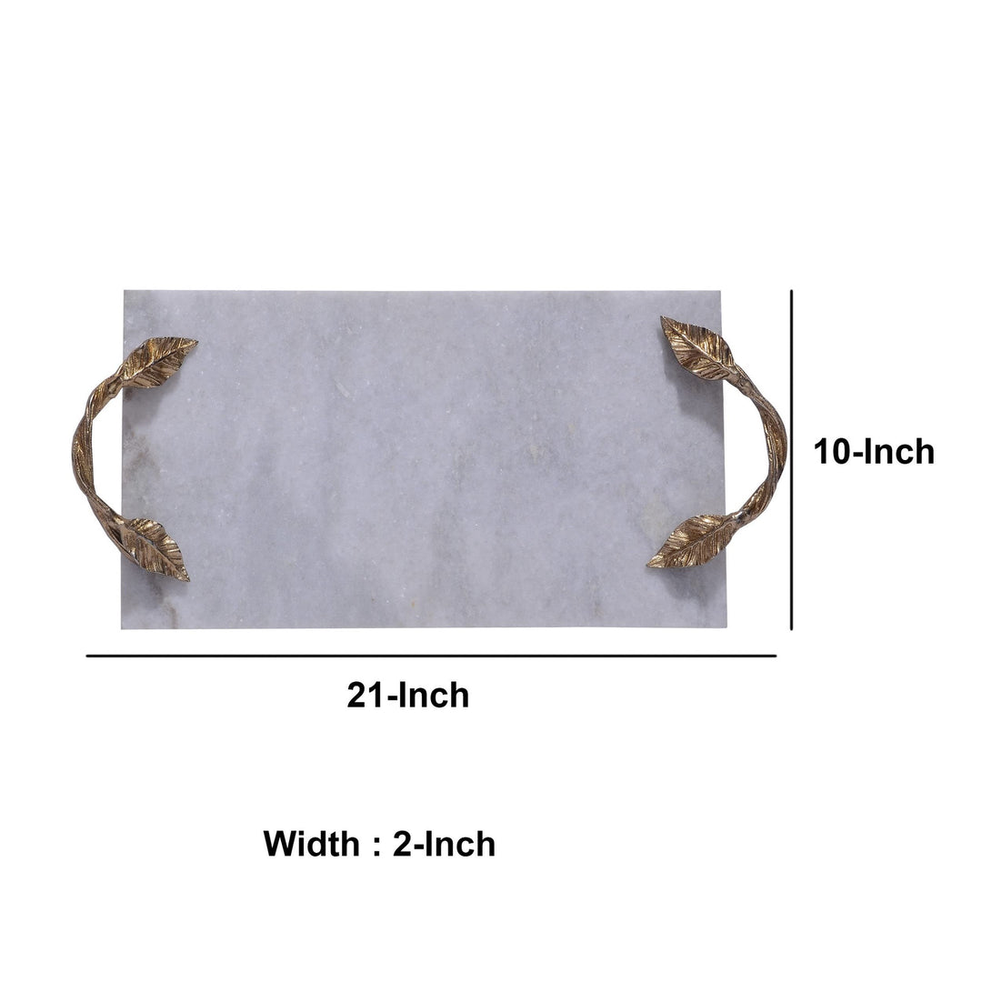 Tray with Marble Frame and Carved Metal Handles White Gold Modern Contemporary - Diamond Home USA