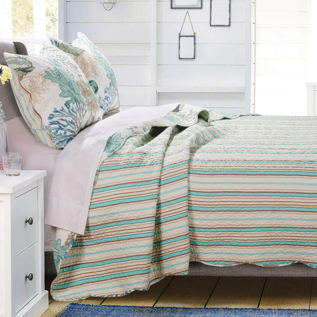 Beach Theme Ocean Coastal Quilt King/Cal King Bedding Set - Nautical Seashell - Diamond Home USA