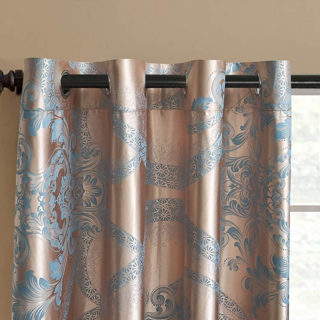 Curtains Damask Jacquard Grommet Semi-Blackout Tall Blue Gold Bohemian - Diamond Home USA