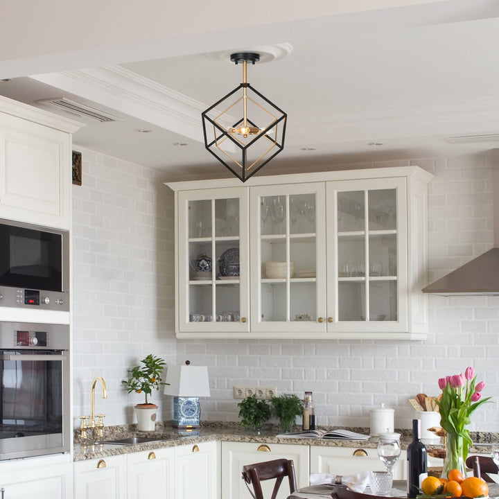 Modern Farmhouse 3-light Black Gold Semi-flush Mount Ceiling Lights Cube - Diamond Home USA
