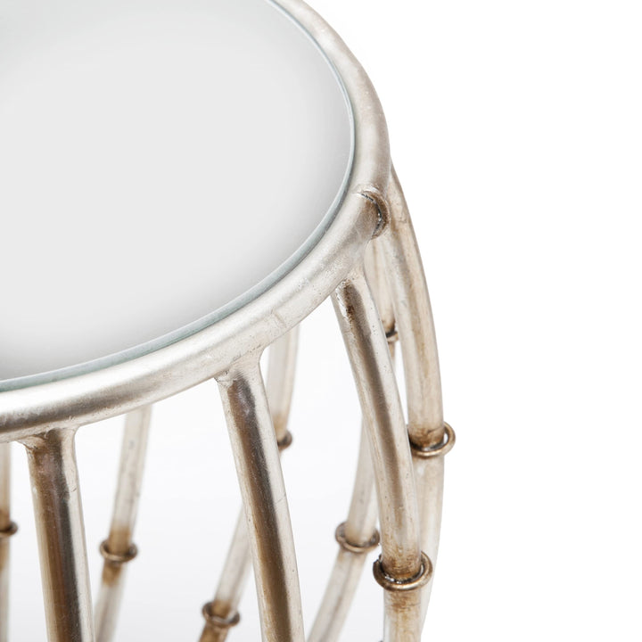 Antique Silver Bamboo Drum Table 26x19x20 Modern Contemporary Glass Handmade - Diamond Home USA