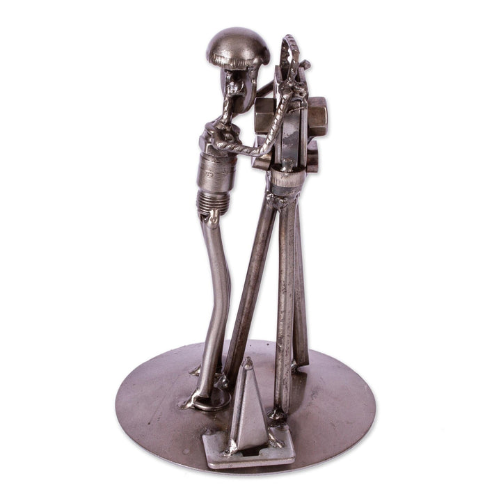 Handmade Rustic Surveyor Recycled Auto Parts Sculpture Silver Metal Antique